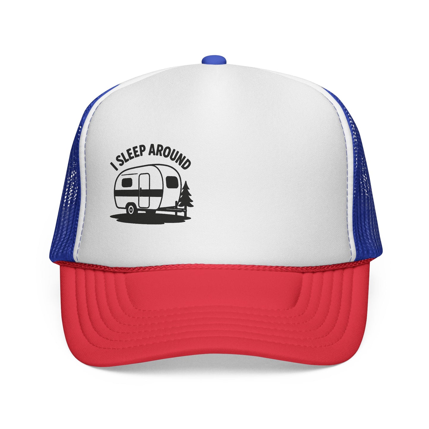 I Sleep Around Trucker Cap, Fun Camping Hat, Outdoor Lovers Gift, Festival Headwear, Road Trip Essential