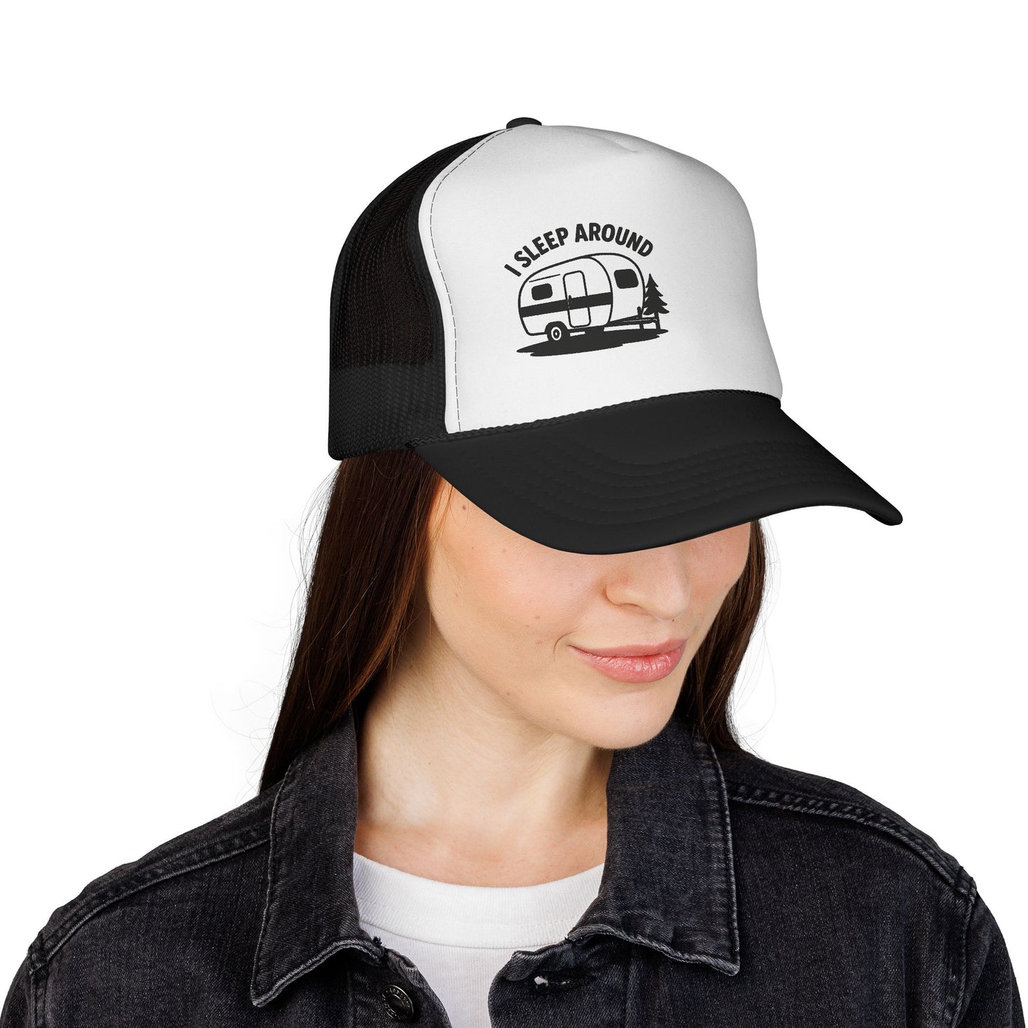 I Sleep Around Trucker Cap, Fun Camping Hat, Outdoor Lovers Gift, Festival Headwear, Road Trip Essential