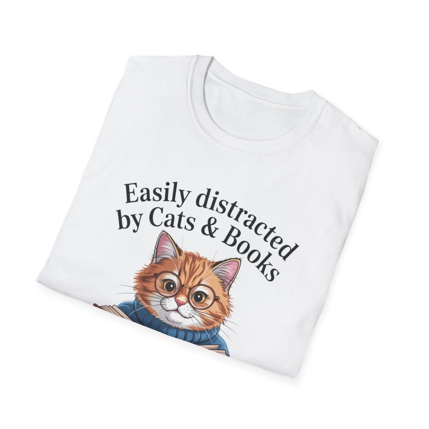 Easily Distracted by Cats & Books T-Shirt, Cat Lovers Gift, Bookworm Tee, Cozy Lounge Wear, Cute Animal Apparel