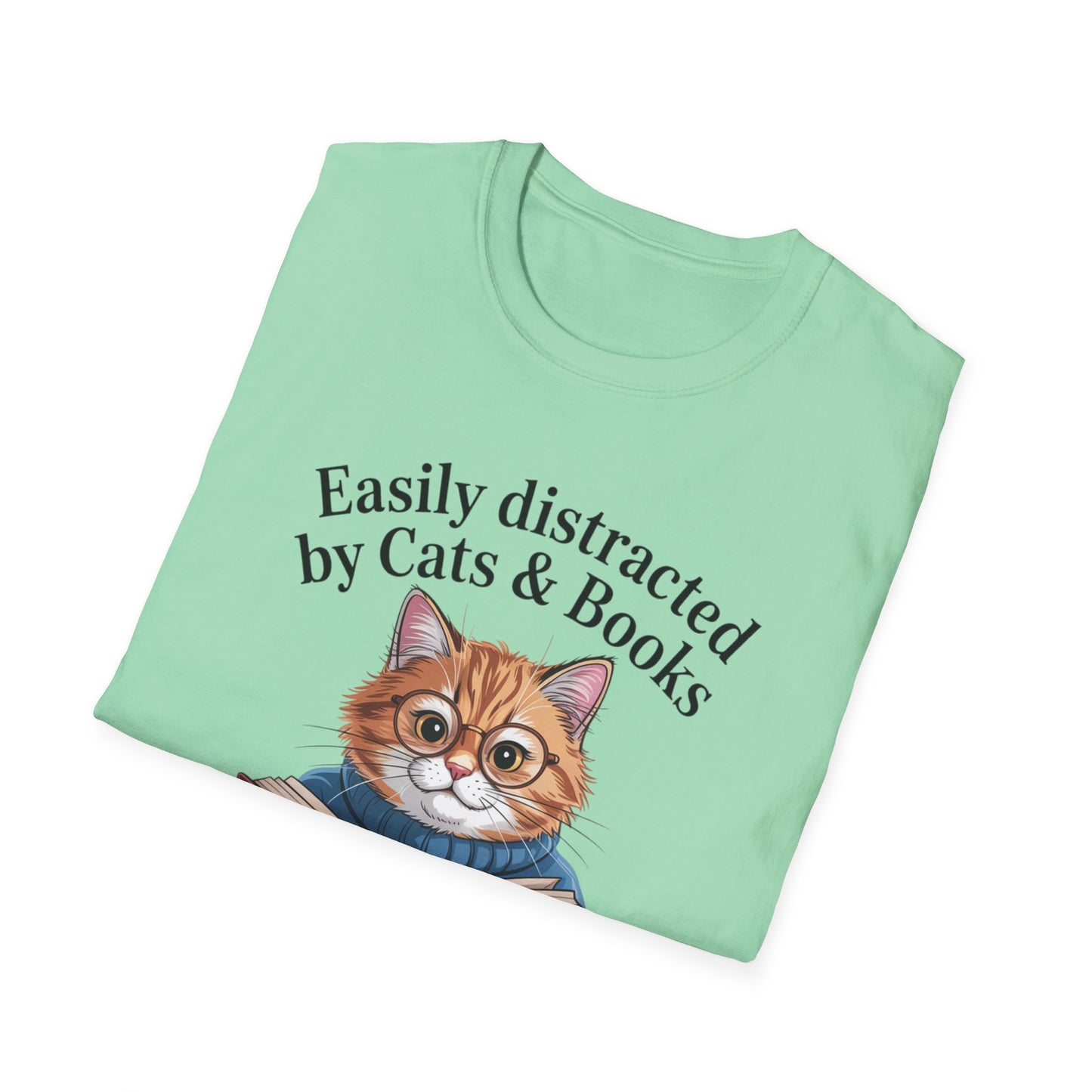 Easily Distracted by Cats & Books T-Shirt, Cat Lovers Gift, Bookworm Tee, Cozy Lounge Wear, Cute Animal Apparel