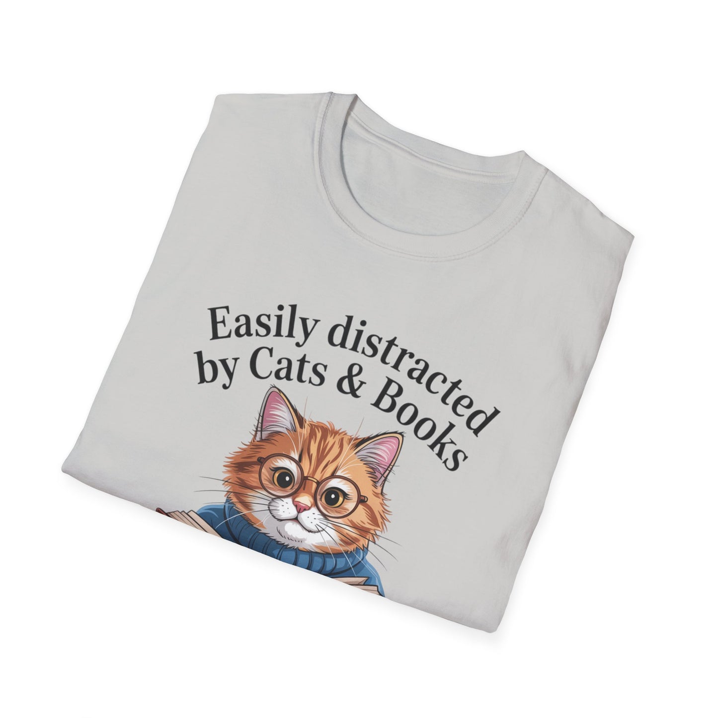 Easily Distracted by Cats & Books T-Shirt, Cat Lovers Gift, Bookworm Tee, Cozy Lounge Wear, Cute Animal Apparel