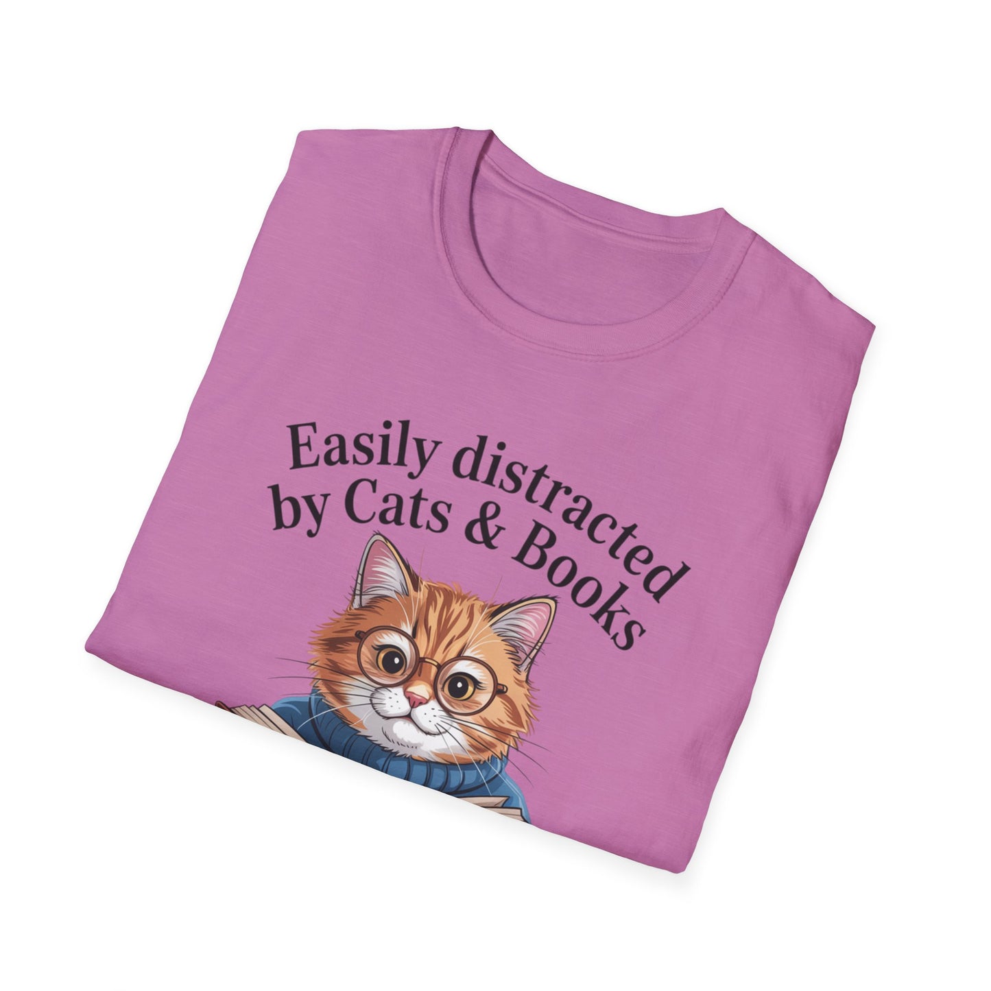 Easily Distracted by Cats & Books T-Shirt, Cat Lovers Gift, Bookworm Tee, Cozy Lounge Wear, Cute Animal Apparel