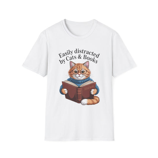 Easily Distracted by Cats & Books T-Shirt, Cat Lovers Gift, Bookworm Tee, Cozy Lounge Wear, Cute Animal Apparel