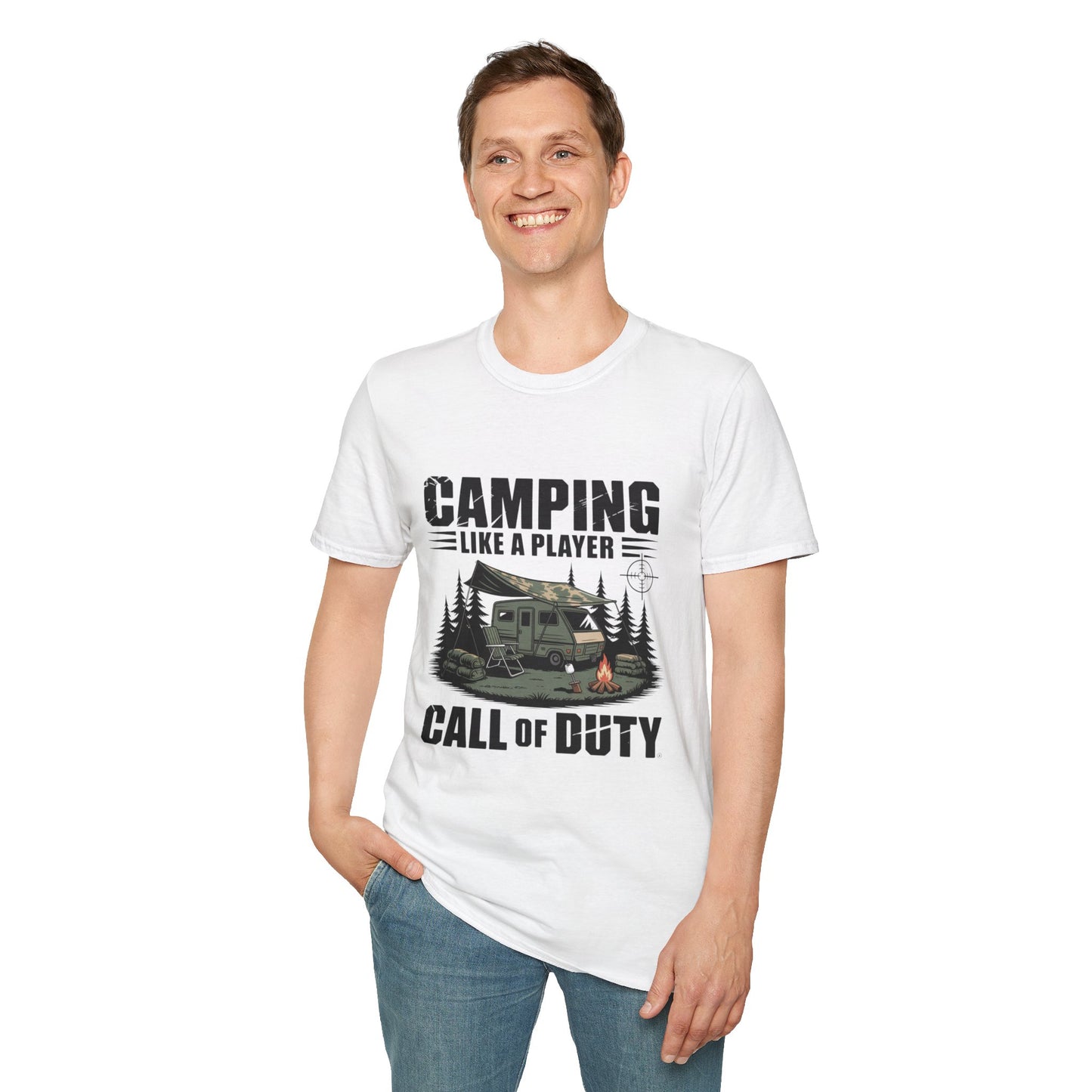 Camping Adventure Unisex Softstyle T-Shirt, Outdoor Enthusiast Tee, Gift for Gamers, Camping Lover Shirt, Casual Wear, Summer T-Shirt